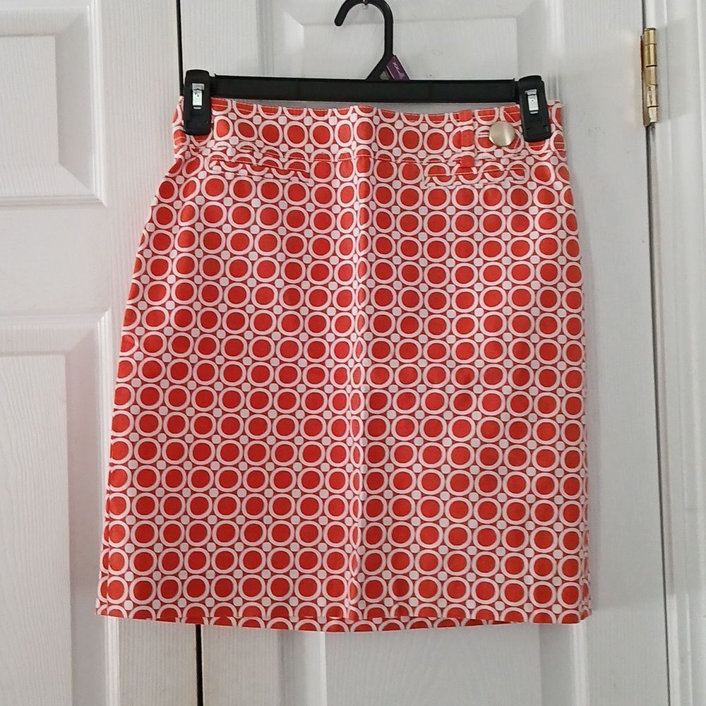 Ann Taylor Petites rust orange and white circle print mini skirt Sz 6P EUC